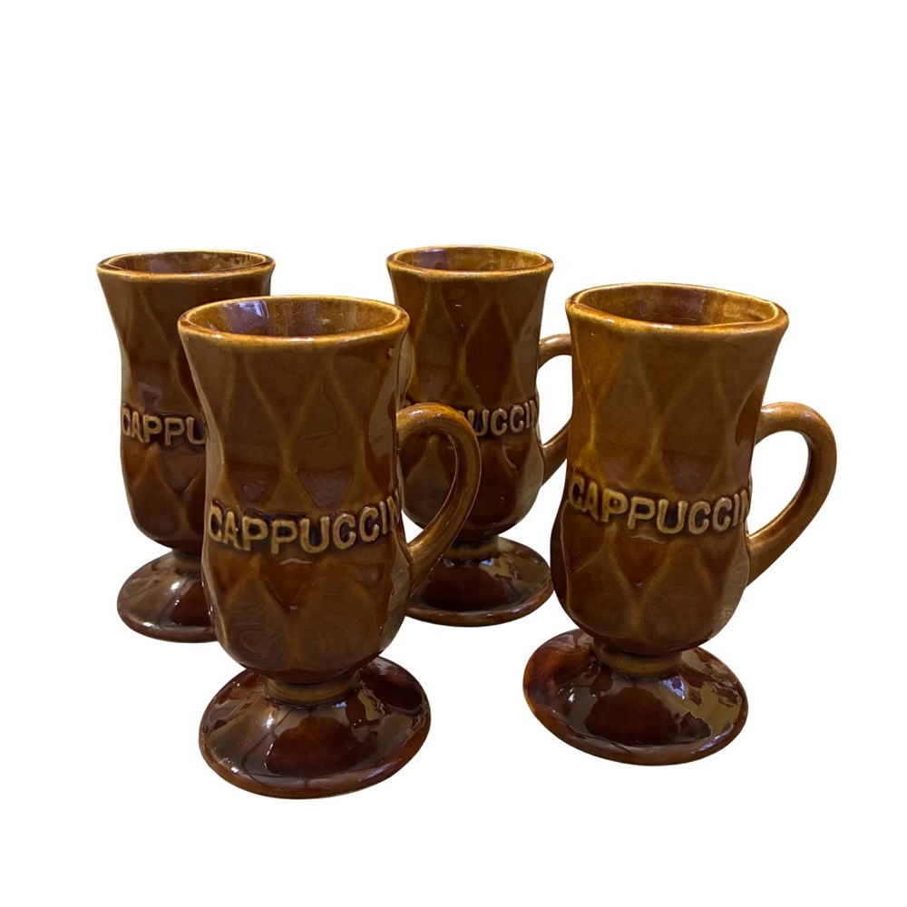 Mid Century Modern Cappuccino Brown Earthenware Pedestal Mugs 60s-70s Kitchen